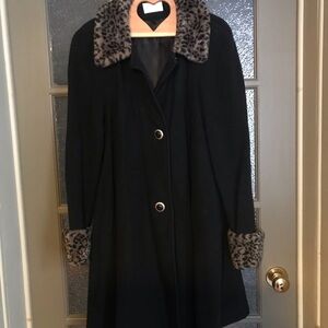 Black Trench Coat with Leopard Print Accents